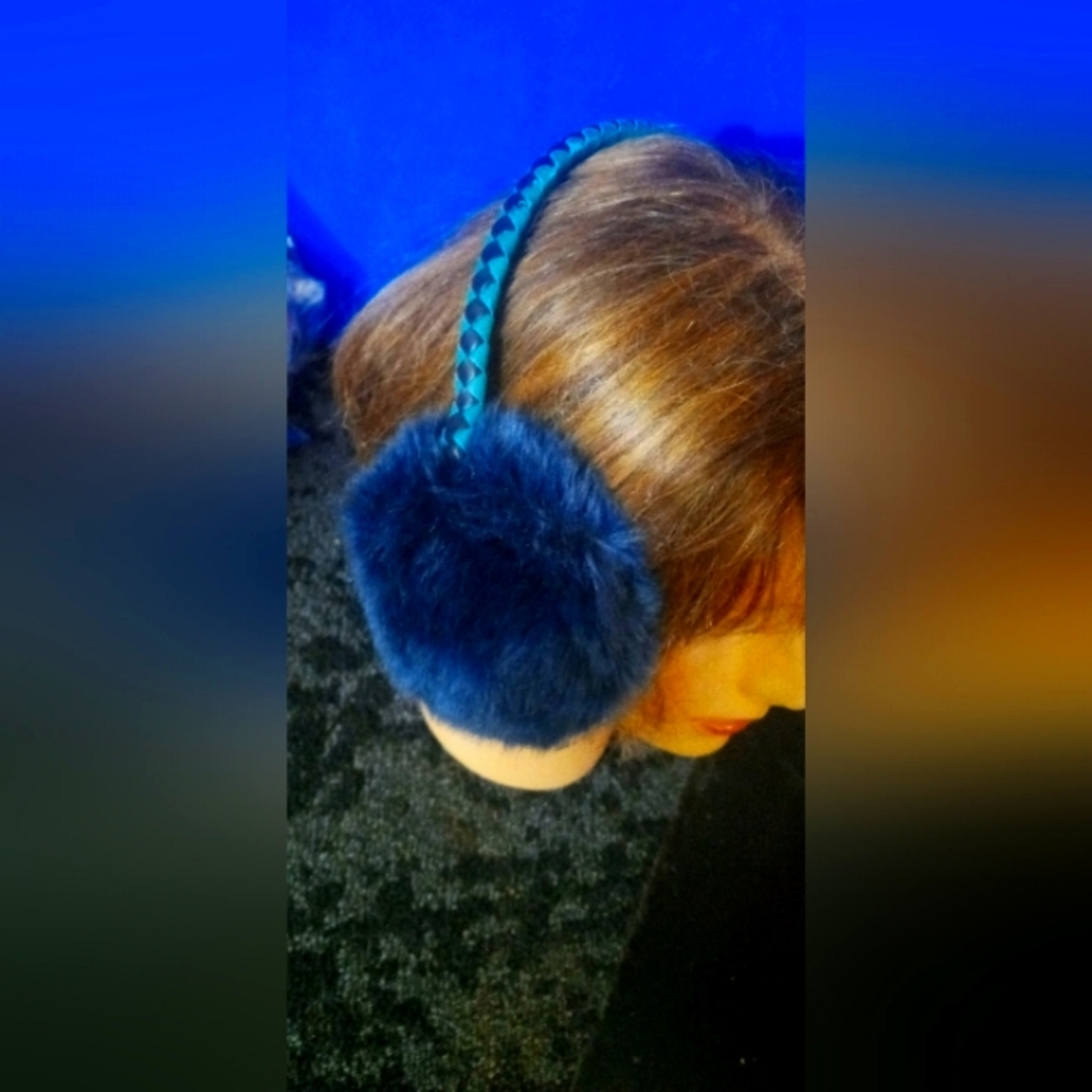 Blue Faux Fur Earmuff Head leather high end muffs possible hand made new conditi